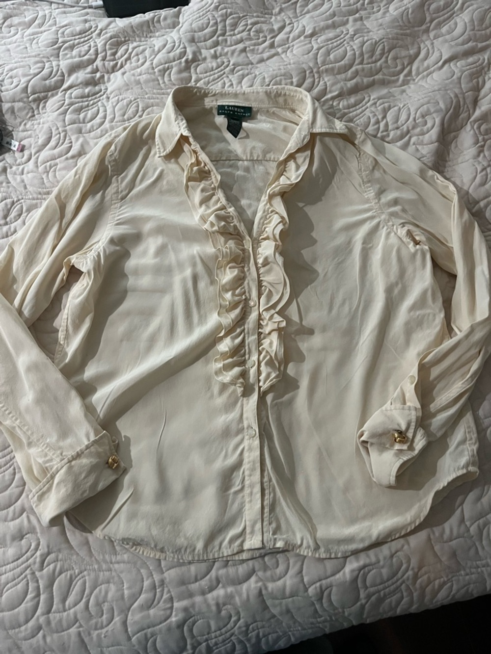 Lauren Ralph Lauren Cream Silk Ruffle Front Long-Sleeve Shirt Size Large